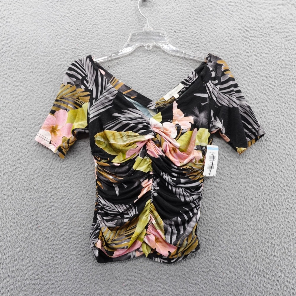 Favorite Daughter Womens XS Tropical Floral Ruched VNeck Top Black NEW